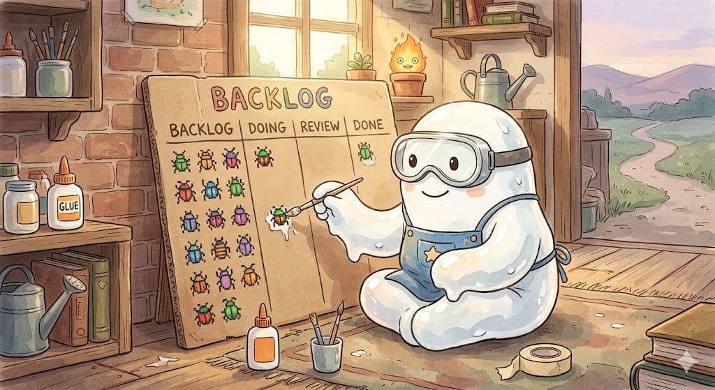 GluePasteDev repository illustration of a character organizing a coding backlog