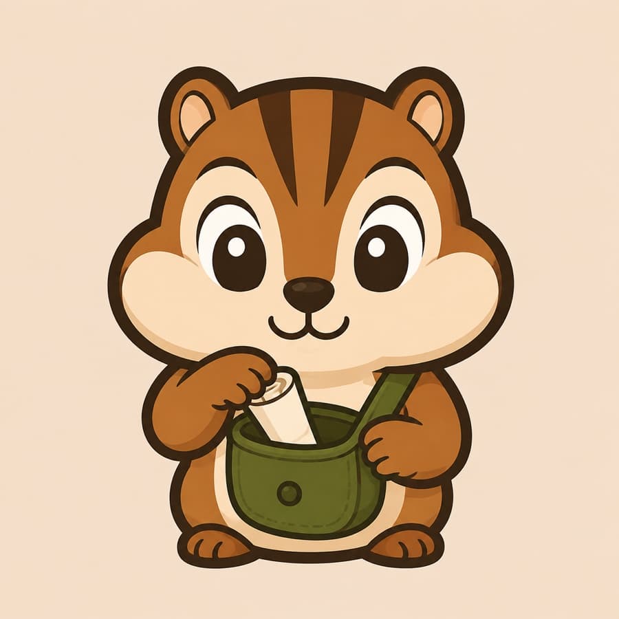 Tucky chipmunk mascot holding a note beside its green satchel